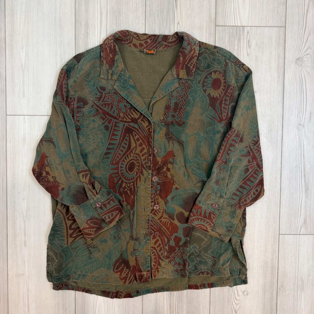 Tianello Button Up Shirt Small Olive Green Abstract Tribal Print 3/4 Sleeve